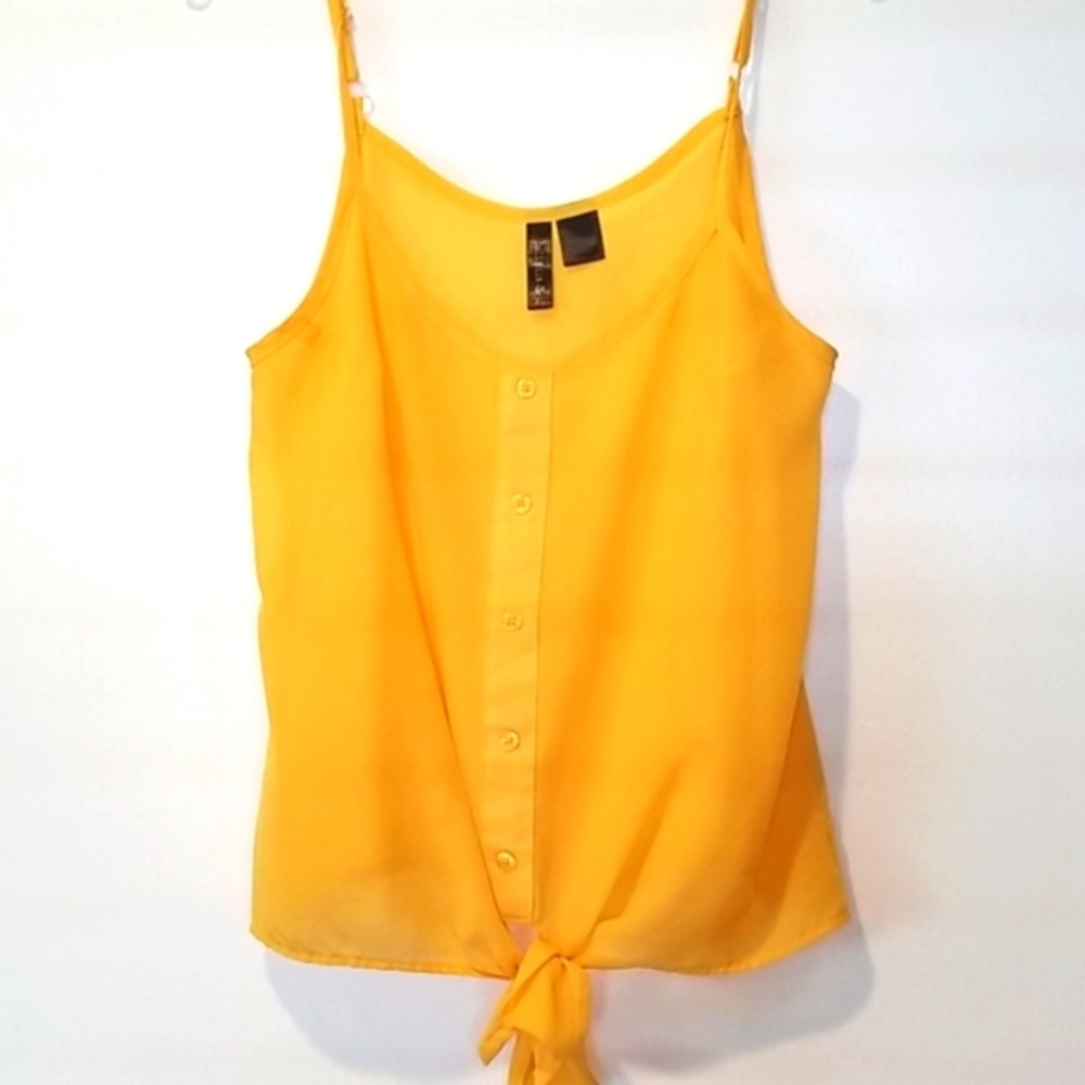 Full Tilt Vibrant Yellow Sheer Decorative Buttons Tie Waist Blouse